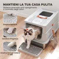 PawHut Lettiera Gatti Acciaio Inox con Coperchio, XL 90 L, Chiusa con Gradino, Paletta, Bordi Alti, Grigio Chiaro(m-3)