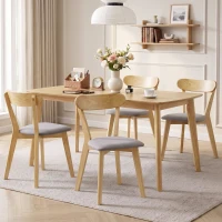 HOMCOM Set de 4 scaune de sufragerie, scaune de bucătărie, șezut căptușit cu țesătură cu aspect de in, spătar curbat, gri și lemn natural(m-4)