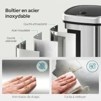 HOMCOM Poubelle de Cuisine Automatique 58L en Acier Inoxydable, Mouvement Sans Contact ou Ouverture Manuelle, Argent(m-5)
