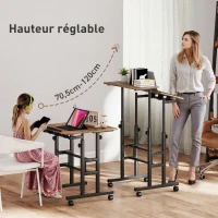 HOMCOM Bureau assis debout bureau réglable en hauteur 60 x 60 cm à roulettes avec plateau inclinable cadre métal brun rustique(m-4)