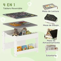 HOMCOM Juego de Mesa con Sillas para Niños 3 en 1 con Pizarra Cajones de Tela y Espacio de Almacenamiento Blanco y Gris(m-4)