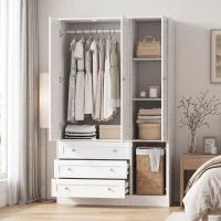 HOMCOM Armario Ropero de 4 Puertas con Barra 3 Cajones y Estante Ajustable 120x50x176,5 cm Blanco(m-10)