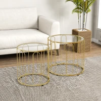 HOMCOM Lot de 2 tables basses gigognes rondes modernes avec cadre en métal et plateau en verre, ton doré(m-2)