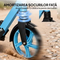 HOMCOM Trotinetă Pliabilă pentru Adulți, Ghidon Reglabil, Aluminiu, Roți Mari 200 mm, Amortizor, Frână Dublă, 100 kg, Albastră(m-7)