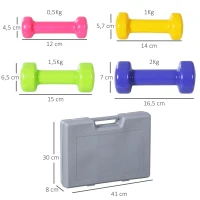 HOMCOM Juego de Mancuernas de 8 Piezas, Total 10 kg, 2x0,5 kg, 2x1 kg, 2x1,5 kg, 2x2 kg, Mancuernas Poligonales Antideslizantes y Estuche de Transporte para Ejercicio en Casa, Gimnasio, Multicolor(m-3)