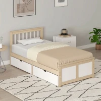 HOMCOM Pine Storage Bed, 3ft Single Solid Wooden Bed Frame with Drawers, Headboard, Wood Slat Support, Natural Wood Finish(m-8)