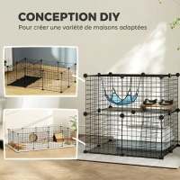 PawHut Enclos pour Chat 70 cm, Cage pour Chat en Acier avec 2 Portes, Design Modulaire DIY pour Chats de moins de 4 kg, 2 Niveaux avec Plateforme et Hamac, Noir(m-4)