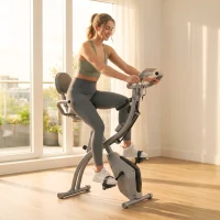 HOMCOM Bicicleta Estática Plegable 3 en 1 con Respaldo y 8 Niveles Resistencia Magnética, Bicicleta Estática en Casa Ajustable con Monitor LCD Volante Bandas Sensor de Pulso Soporte de Teléfono Gris(m-2)