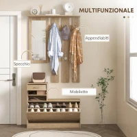 HOMCOM Mobile Appendiabiti 3 in 1 con Scarpiera e Specchio, Ganci e Cassetti, in Legno, 90x10x91 cm, color Quercia(m-4)