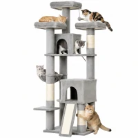 PawHut Kratzbaum Groß 184 cm hoch Katzenbaum mit 3 Kratzstämmen Liegeflächen Spielball Hängematte Leiter, Katzen unter 6 kg(m-12)