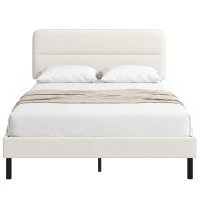 HOMCOM Cadru pat 140 x 200 cm cu tăblie reglabilă, pat tapițat cu aspect de in și 12 lamele din placaj, bej(m-7)