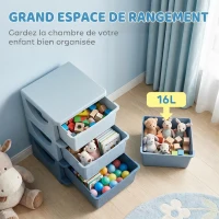 HOMCOM Organisateur de jouets pour enfants avec tiroirs à 3 niveaux, boîtes de rangement en plastique, 37 x 37 x 56,5 cm, bleu(m-4)