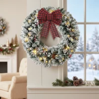 HOMCOM Corona de Navidad Puerta Efecto Nevado con 50 LED Luces Piñas Bayas y Lazo Festivo para Chimenea Pared Ventana(m-9)