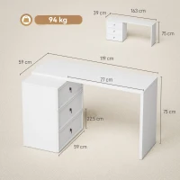 HOMCOM L Shaped Computer Desk with 3 Drawers, 163 x 39 cm Corner Desk, Thick Tabletop, Office Table, White Wood Effect(m-3)