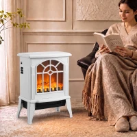 HOMCOM Freestanding Electric Fireplace, Electric Log Burner w/ LED Flame Effect, Overheating Safety System, 1000W/2000W, White(m-2)