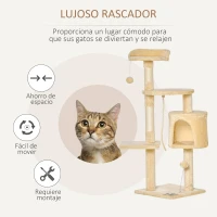 PawHut Árbol para gatos Rascador Grande con Plataformas Casetas Bolas de Juego 114cm Cubierto de Felpa Beige(m-4)