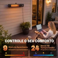 Outsunny Aquecedor por Infravermelhos para Terraço 2000 W com Capa, IP65, Controlo por App/Tátil/Comando, 9 Níveis e Temporizador(m-6)