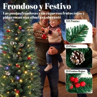 HOMCOM Árbol de Navidad Estrecho con 170 Luces LED Bicolor 180 cm 351 Ramas Ignífugas 11 Modos Piñas Bayas Rojas Mando Verde(m-6)