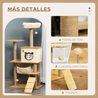 PawHut Árbol Rascador para Gatos 130 cm, Árbol para Gatos con 5 Plataformas, Hamaca, Escalera, Cueva, Postes de Yute, Bola Colgante, Beige(m-5)