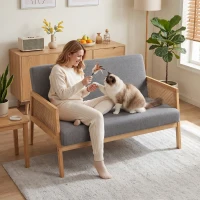 HOMCOM Sofá de 2 Lugares com Efeito Linho Detalhes em Vime Sintético e Estrutura em Madeira até 240 kg 115x77x77 cm Cinza(m-8)