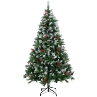 HOMCOM Árbol de Navidad Artificial Nevado 180 cm con 840 Ramas Bayas Rojas Piñas Base de Acero Plegable Montaje Rápido Verde(m-11)