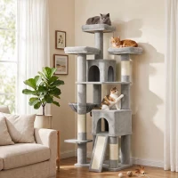 PawHut Kratzbaum Groß 184 cm hoch Katzenbaum mit 3 Kratzstämmen Liegeflächen Spielball Hängematte Leiter, Katzen unter 6 kg(m-2)
