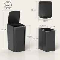 HOMCOM Poubelle de Cuisine Automatique 12 L en Acier Inoxydable, Poubelle à Capteur avec Couvercle, 28 x 22 x 41 cm, Noir(m-3)