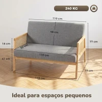 HOMCOM Sofá de 2 Lugares com Efeito Linho Detalhes em Vime Sintético e Estrutura em Madeira até 240 kg 115x77x77 cm Cinza(m-3)