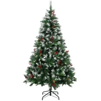 HOMCOM Árbol de Navidad Artificial Nevado 180 cm con 840 Ramas Bayas Rojas Piñas Base de Acero Plegable Montaje Rápido Verde(m-1)