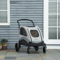 PawHut Carrito para Perros con Ventanas Bolsillo de Almacenaje Correas de Seguridad y 2 Ruedas Universales 107x67x102 cm Gris(m-10)