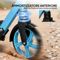 HOMCOM Monopattino Adulto Pieghevole con Manubri Regolabili, in Alluminio, Ruote Grandi di 200 mm, Ammortizzatore, Doppio Freno, Portata 100 kg, Blu(m-7)