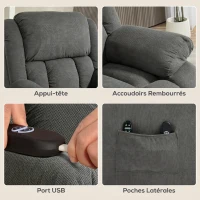 HOMCOM Fauteuil releveur électrique massage et chauffage avec repose-pied, dossier inclinable, télécommande et poche latérale(m-7)