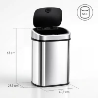 HOMCOM Poubelle de Cuisine Automatique 58L en Acier Inoxydable, Mouvement Sans Contact ou Ouverture Manuelle, Argent(m-3)