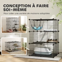 PawHut Cage Chat Intérieur Enclos Chat Modulable 3 Portes Hamac Échelle pour Petits Animaux de Compagnie 70x70x105cm Noir(m-4)