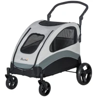 PawHut Carrito para Perros con Ventanas Bolsillo de Almacenaje Correas de Seguridad y 2 Ruedas Universales 107x67x102 cm Gris(m-12)