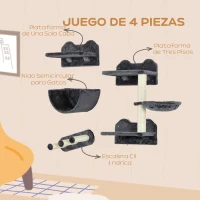 PawHut Juego de Escalada para Gatos de Pared Estantes para Gatos 4 Piezas Hamaca Nido Plataformas para Saltar Gris Oscuro(m-5)