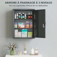 kleankin Armoire à pharmacie murale en acier, armoire à médicaments à 3 niveaux porte verrouillable 2 clés, 40x15x53,5cm, gris(m-5)