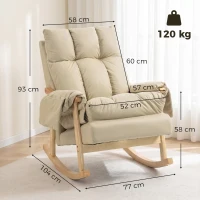HOMCOM Fauteuil à bascule en tissu technique rembourré, Assise profonde, Poches latérales, Pieds en bois d'hévéa, Beige(m-3)