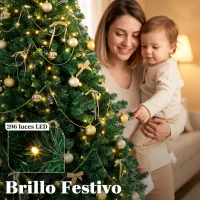 HOMCOM Árbol de Navidad Decorativo 230 cm con 296 LED 755 Ramas Ignífugas Estrella 42 Bolas 30 Lazos Decoración Dorado Verde(m-5)