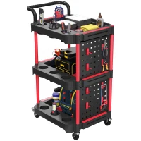HOMCOM 3-Tier Rolling Tool Cart with Pegboard and Hooks, Storage Trolley Wheel Cart with Brakes, Black & Red(m-15)
