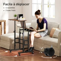 HOMCOM Bureau assis debout bureau réglable en hauteur 60 x 60 cm à roulettes avec plateau inclinable cadre métal brun rustique(m-6)