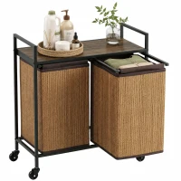 HOMCOM Coș rufe din bambus 2 compartimente 120 L colector rufe cu raft, cutie de rufe sac de rufe, pe roți 73x33x78 cm, Maro(m-7)