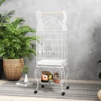 PawHut Jaula para Pájaros con Ruedas y Estante 51x51x153 cm con Parte Superior Abatible Comederos y Bandeja Extraíble Blanco(m-7)