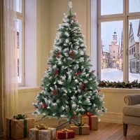 HOMCOM Árbol de Navidad Artificial Nevado 180 cm con 840 Ramas Bayas Rojas Piñas Base de Acero Plegable Montaje Rápido Verde(m-9)