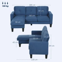 HOMCOM Sofá Chaise Longue Reversible con Estructura de Acero Tapizado en Chenilla 186x130x84cm Azul(m-3)