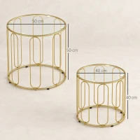 HOMCOM Conjunto de 2 Mesas Auxiliares Tipo Nido con Estructura de Metal y Encimera de Cristal Ø50x50 cm y Ø40x40 cm Dorado(m-3)