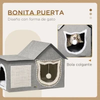 PawHut Caseta para Gatos Casa para Gatos Interior con Almohadilla para Rascar Cojín Suave y Bola Colgante 65x41x45,5 cm Gris(m-6)