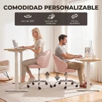 HOMCOM Silla de Oficina Forma de Pétalo con Ruedas de Terciopelo Función Basculante Asiento Ancho Altura Ajustable Rosa(m-4)