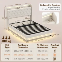 HOMCOM 4ft6 Double Bed Frame with Headboard, Platform Bed Frame with Hydraulic Storage, LED Lights and Charging Station, Cream(m-3)