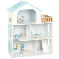 AIYAPLAY Casa de Muñecas de Madera de 3 Pisos con Ascensor y Balcón 5 Habitaciones y 13 Muebles para Niños de 3 a 6 Años Azul(m-1)